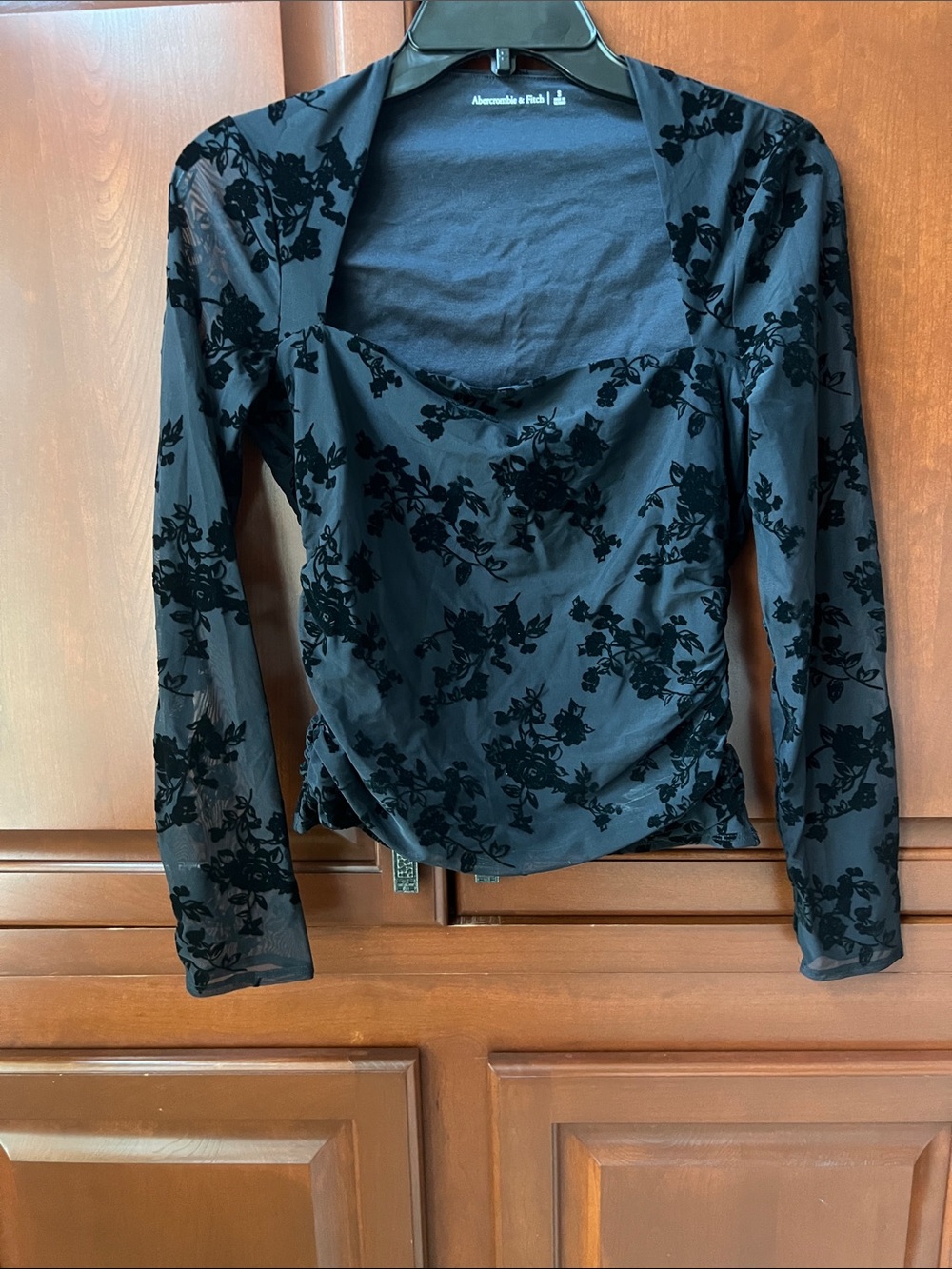 Abercrombie & Fitch Black Velvet Floral Burnout Draped Long Sleeve Top